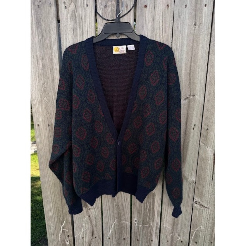 Vintage Grandpa Core South Mountain Cardigan L Blue Green Red Geometric Knit